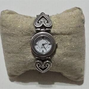 Brighton Carolina Silver Tone Heart Scroll Brown Leather Strap Watch Japan Movt